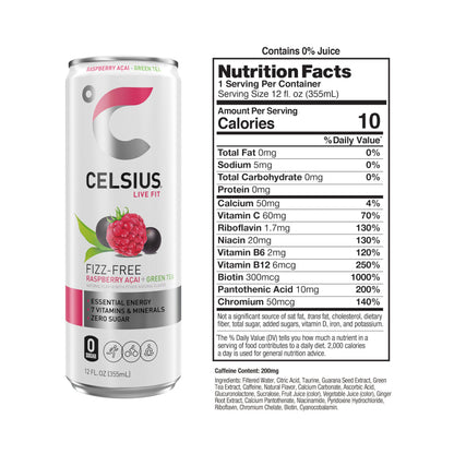 CELSIUS Raspberry Acai Green Tea, Functional Essential Energy Drink 12 Fl Oz (Pack of 12) Packaging may vary