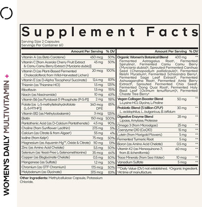 Codeage Women’s Daily Multivitamin, 25+ Vitamins & Minerals, Fermented, Organic Whole Foods, Probiotics Supplement - Vitamin A, B, C, D, E & K, Omega 3, Zinc – Vegan - 120 Capsules