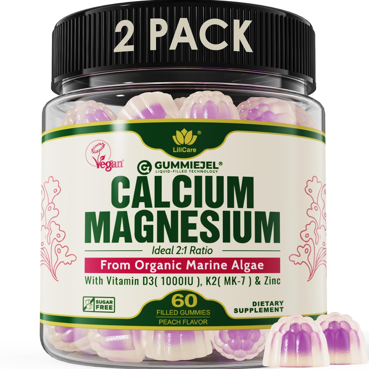 Plant Based Calcium Gummies 600mg with Vitamin D3 K2, Magnesium, Zinc for Bone Strength, Sugar Free Calcium Supplements for Women & Men (Certified Vegan) from Sustainably Organic Red Algae - 60 Counts