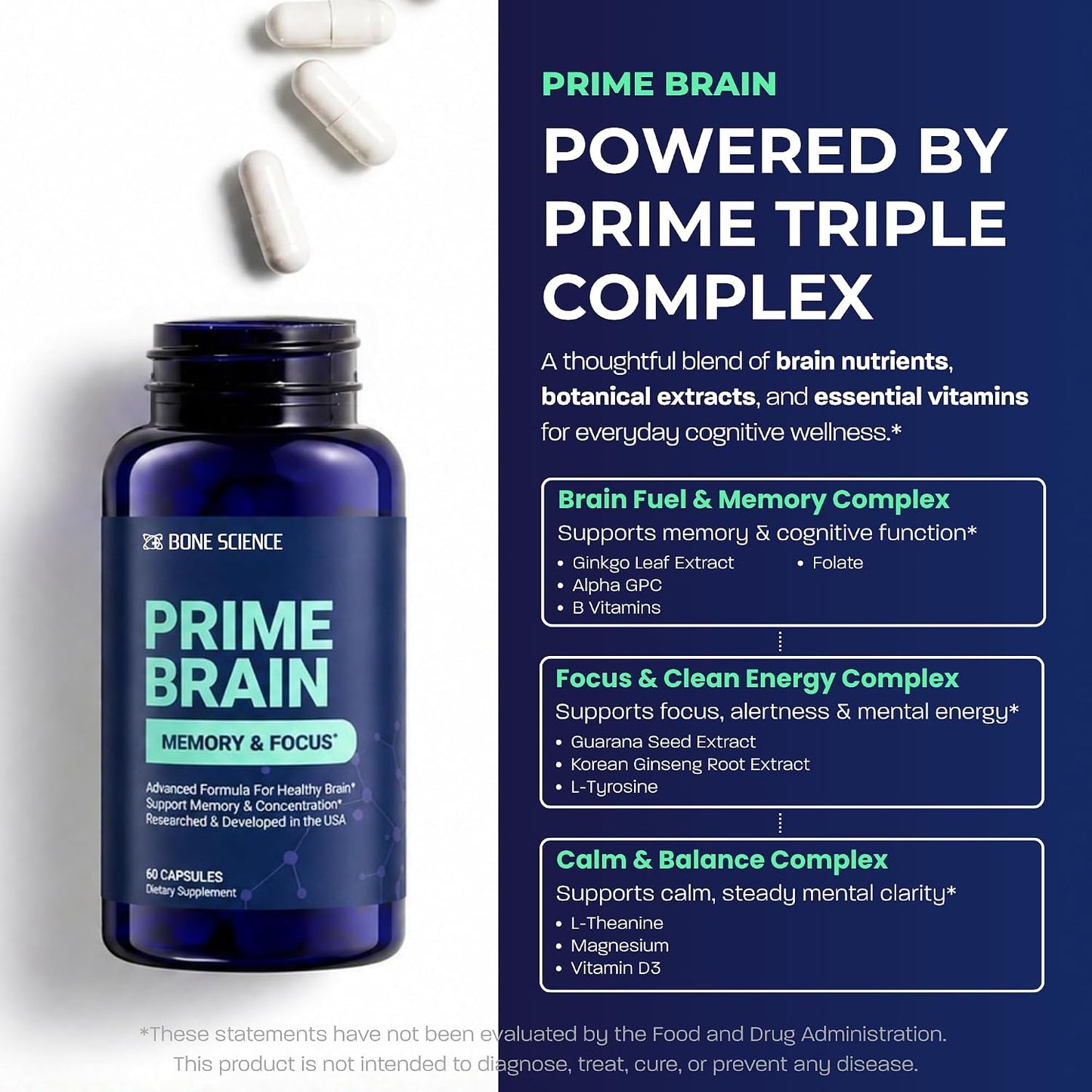 BONE SCIENCE Prime Brain Memory & Focus Support Supplement for Adults, Alpha GPC, Ginkgo Biloba, L-Theanine, Rhodiola, L-Tyrosine & Guarana, Cognitive Support Formula, 60 Capsules