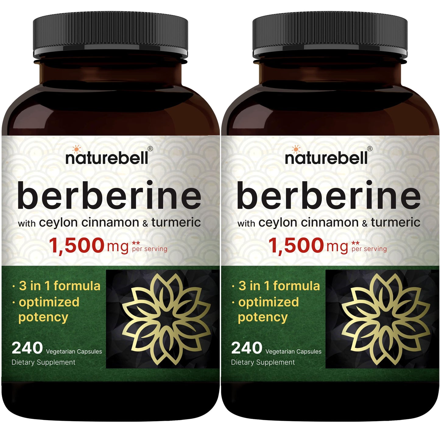 NatureBell Berberine Supplement 1,500mg with Ceylon Cinnamon & Turmeric Root, 240 Veggie Capsules | 97% Pure Berberine HCL | Supports Balanced Sugar Levels & Heart Health | Vegan, Non-GMO