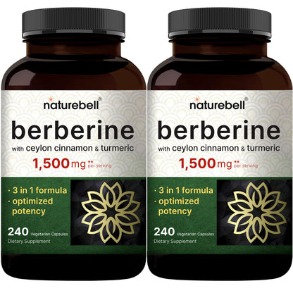 NatureBell Berberine Supplement 1,500mg with Ceylon Cinnamon & Turmeric Root, 240 Veggie Capsules | 97% Pure Berberine HCL | Supports Balanced Sugar Levels & Heart Health | Vegan, Non-GMO