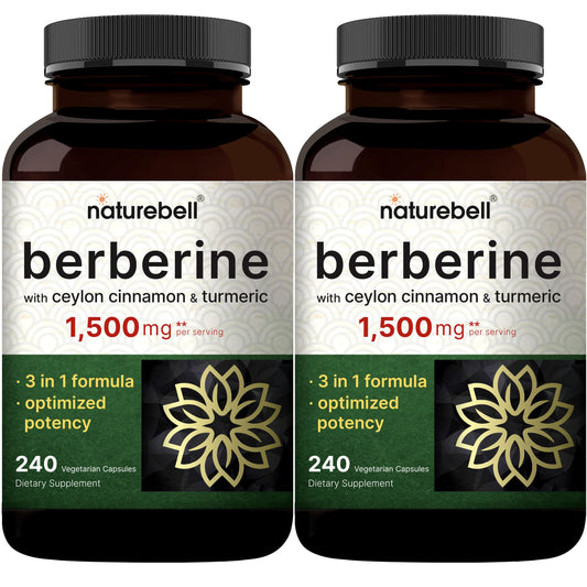 NatureBell Berberine Supplement 1,500mg with Ceylon Cinnamon & Turmeric Root, 240 Veggie Capsules | 97% Pure Berberine HCL | Supports Balanced Sugar Levels & Heart Health | Vegan, Non-GMO