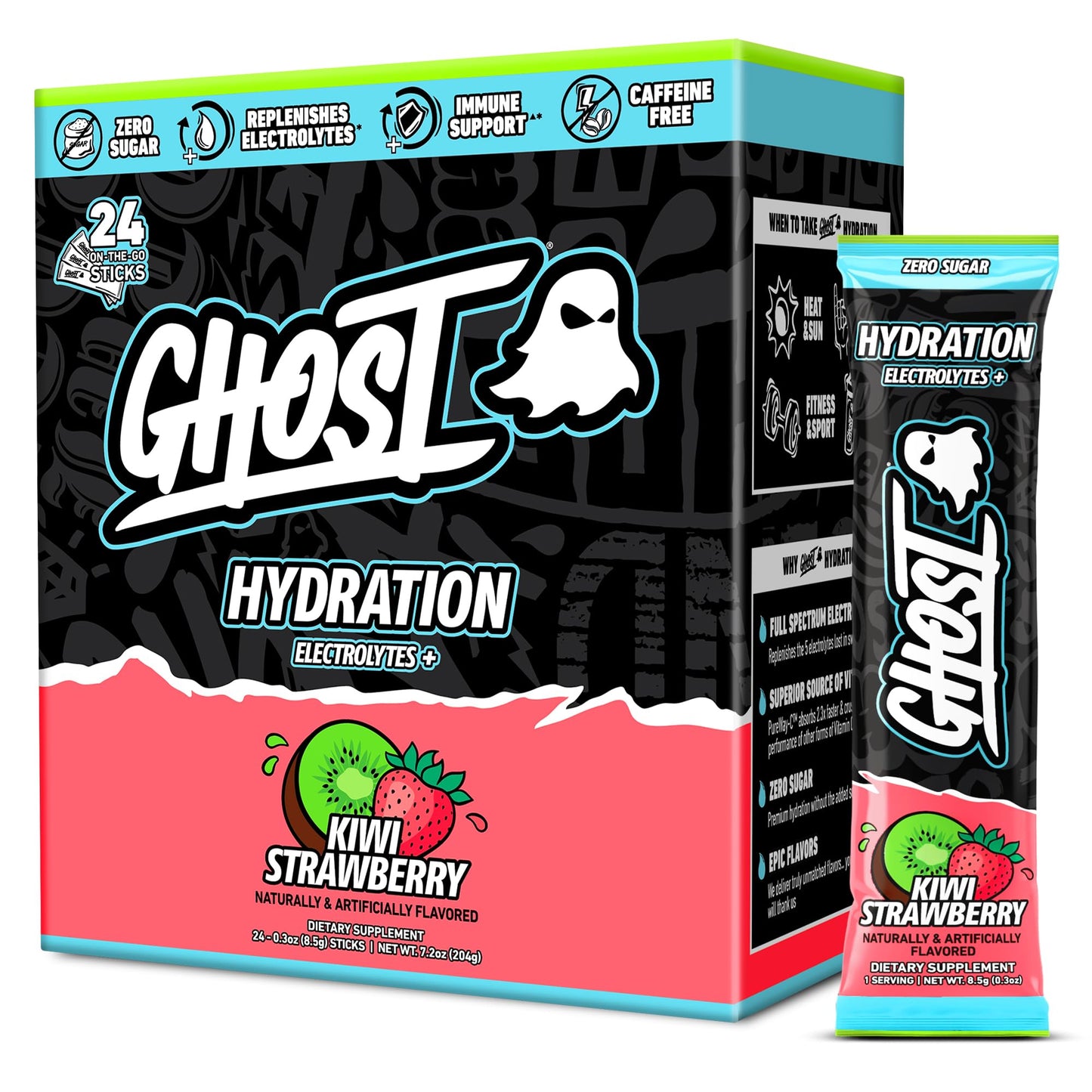 GHOST Hydration Sticks, Electrolyte Powder Packets, Sonic Cherry Limeade - 24 Sugar Free Instant Electrolyte Drink Mix - Caffeine-Free Daily Hydration & Immune Support with Clean Formula