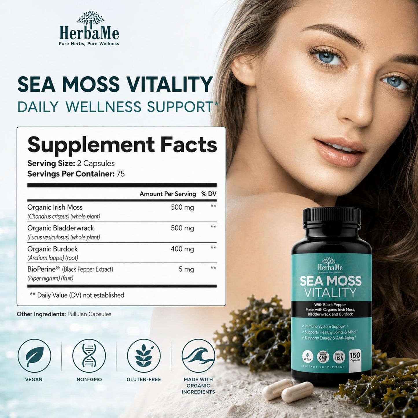HerbaMe Organic Sea Moss Supplement with Bladderwrack & Burdock Root, Irish Moss with Black Pepper Extract, Daily Mineral Support for Energy & Wellness, Immune Support for Men & Women, 150 Capsules
