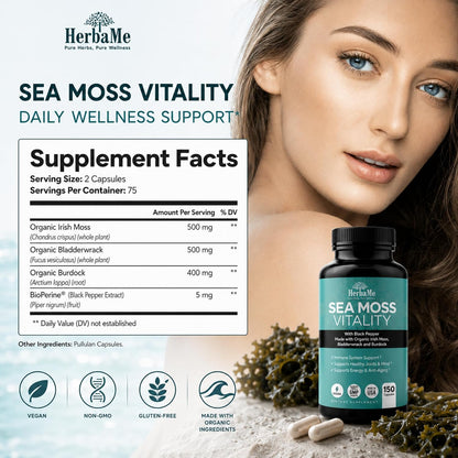 HerbaMe Organic Sea Moss Supplement with Bladderwrack & Burdock Root, Irish Moss with Black Pepper Extract, Daily Mineral Support for Energy & Wellness, Immune Support for Men & Women, 150 Capsules