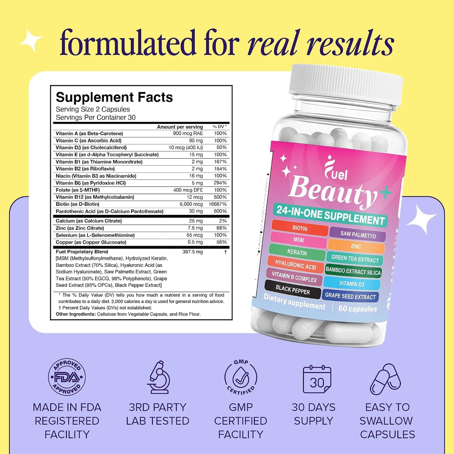 Fuel Beauty+ 24-in-1 Hair, Skin & Nails Vitamins for Women – 5000mcg Biotin, Hyaluronic Acid & Saw Palmetto – Daily Multivitamin for Hair Growth, Nail Strength & Skin Glow – 60 Capsules