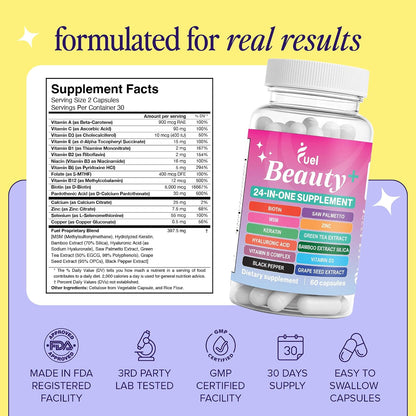 Fuel Beauty+ 24-in-1 Hair, Skin & Nails Vitamins for Women – 5000mcg Biotin, Hyaluronic Acid & Saw Palmetto – Daily Multivitamin for Hair Growth, Nail Strength & Skin Glow – 60 Capsules