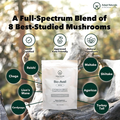 Adapt Naturals Bio-Avail Myco, 8-in-1 Superfood Mushroom Supplement Complex | Lions Mane, Chaga, Cordyceps, Reishi, Shiitake, Tremella, Turkey Tail, Maitake - Immune & Cognitive Function - 30 Day Supply