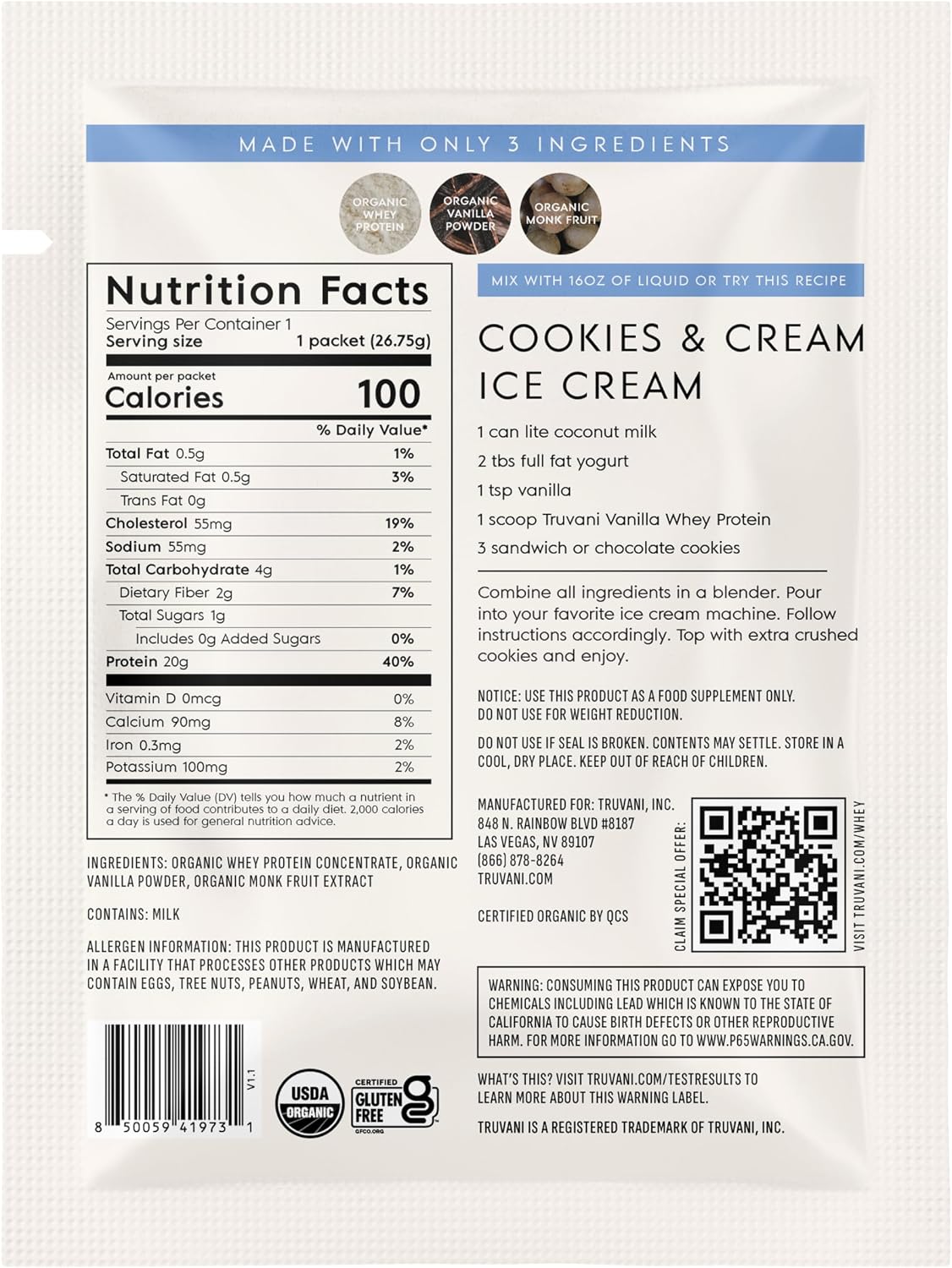 Truvani Organic Whey Protein Powder | Vanilla | 1 Serving | 20g Grass Fed Whey Protein | USDA Organic & Non-GMO | Gluten Free | No Gums, No Soy, No Stevia, No Added Sugars