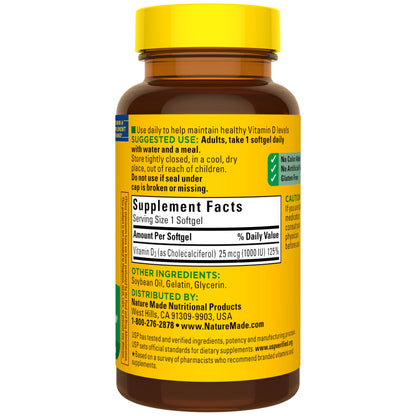 Nature Made Vitamin D3 1000 IU (25 mcg), 300 Vitamin D Softgels | Vitamin D Supplement for Immune, Bone, Teeth and Muscle Health Support, 300 Day Supply