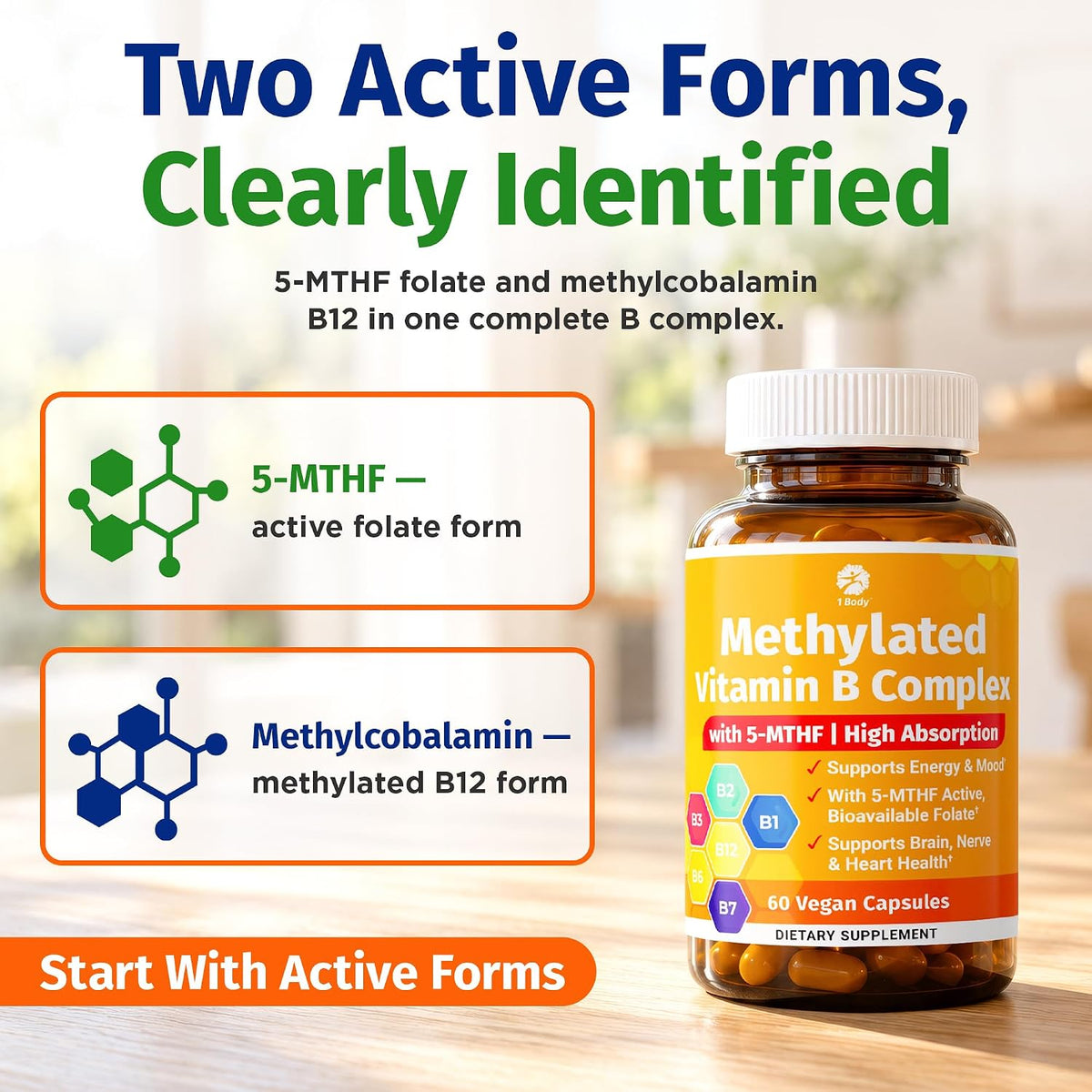 1 Body Methylated Vitamin B Complex, 5-MTHF & Methyl B12, 60 Capsules