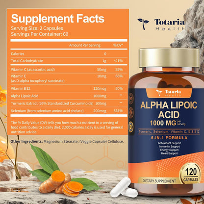 Totaria Alpha Lipoic Acid 1000mg - ALA Supplement Antioxidant for Neuropathy Support Nerve Health, Liver Detox, Antioxidant, Metabolism and Cell Energy, Anti-Aging - Non-GMO, Gluten Free, Vegan Safe