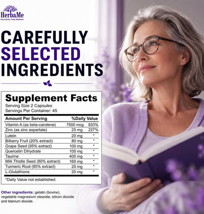 HerbaMe Eye Vitamins Supplement with Lutein, Bilberry, Beta Carotene, L-Taurine, Zinc and Quercetin, 90 Capsules, Supports Vision, Ocular and Macular Health, Helps Eyes Filter Blue Light