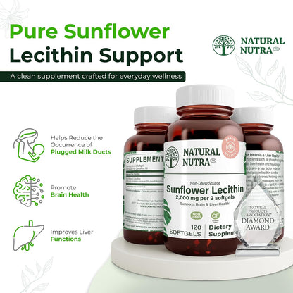 Natural Nutra Sunflower Lecithin Supplement 2000mg, Gluten-Free 120 Softgel | Supports Sunflower Lecithin Breastfeeding, Liver & Brain Health