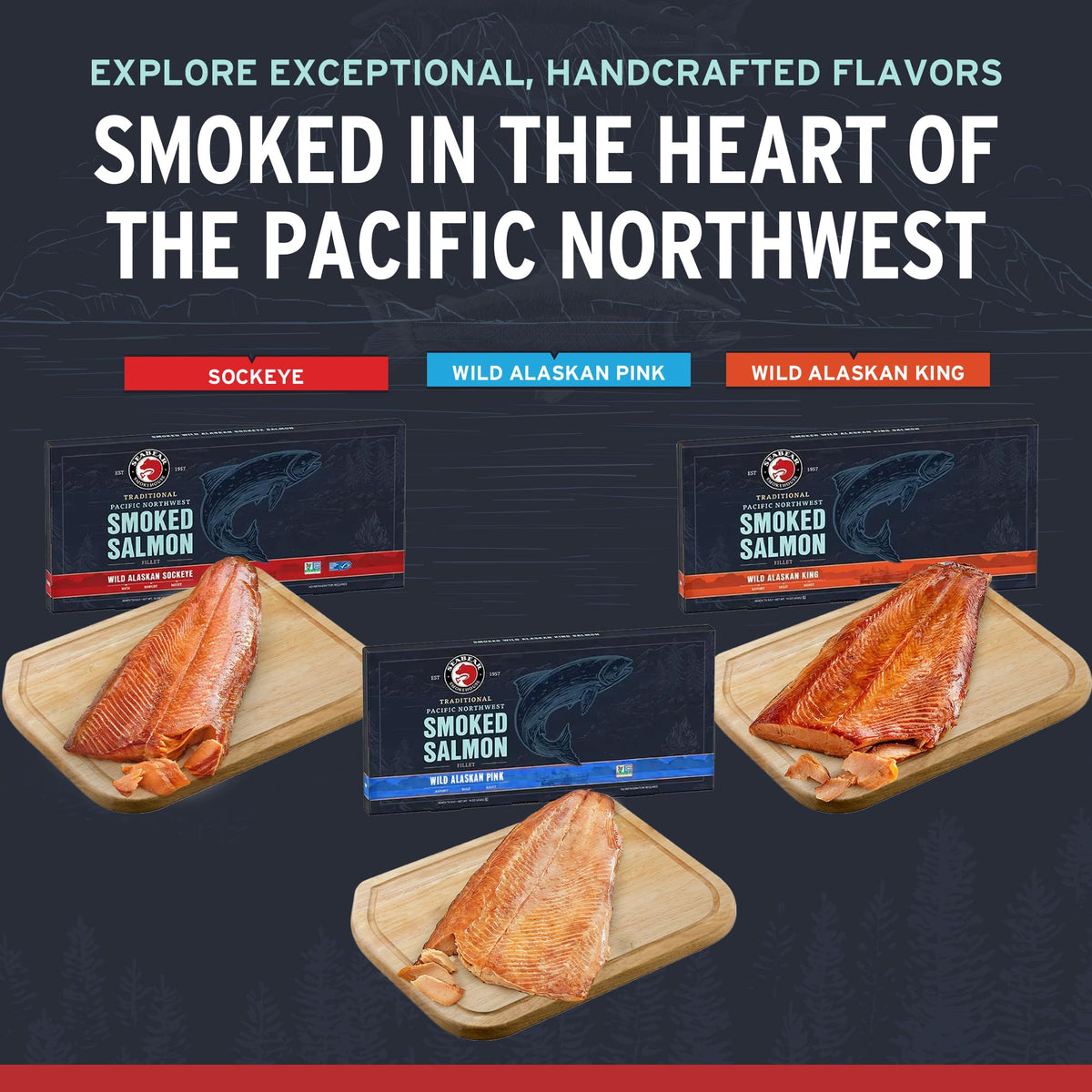 SeaBear Smoked Salmon Trio 18oz (3 x 6oz) Fillets Gift Box – Wild Alaska Sockeye, Wild Pink & Coho Fillets, Shelf Stable, Ready to Eat, 18 Ounce (3 x 6 Ounce) Filets