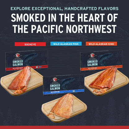 SeaBear Smoked Salmon Trio 18oz (3 x 6oz) Fillets Gift Box – Wild Alaska Sockeye, Wild Pink & Coho Fillets, Shelf Stable, Ready to Eat, 18 Ounce (3 x 6 Ounce) Filets