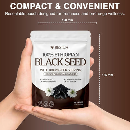 Resilia Ethiopian Black Seed Softgels 1000mg Per Serving – Premium Nigella Sativa Seed Oil Supplement – Digestive & Immune Support Formula – Easy to Swallow Soft Capsules 180 Count (Pack 3)
