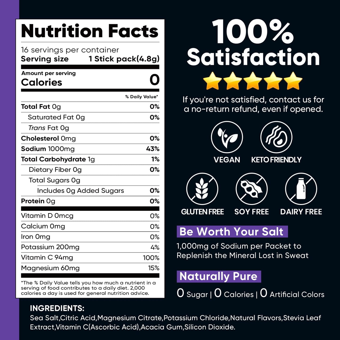 Venture Pal High Sodium Sugar-Free Electrolytes Powder Packets, 16 Sticks | Hydration Packets with Sodium, Potassium & Magnesium, Zero Calories, Keto, Vegan, and Paleo Friendly