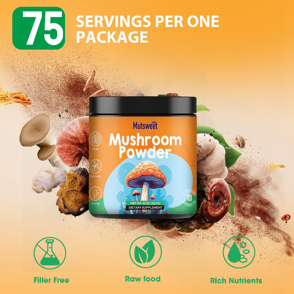 Mushroom Powder Blend (75 Servings), Ten Mushroom Supplement with Lions Mane