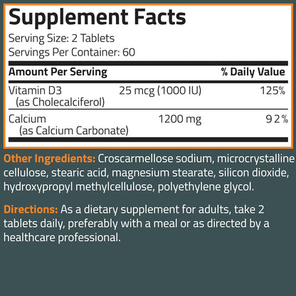 Bronson Calcium 1200 mg + Vitamin D3 1000 IU for Bone Health, 120 Tablets | High Potency Formula, Non-GMO, Gluten-Free & Soy-Free