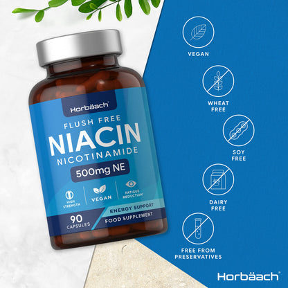 Vitamin B3 Niacin 500mg | 90 Vegan Capsules | Flush Free Nicotinamide Supplement