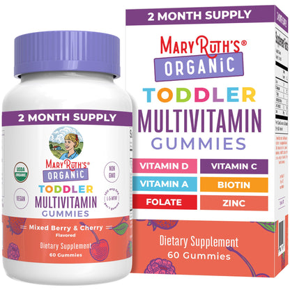 MaryRuth's Toddler Multivitamin Gummies | USDA Organic | 2 Month Supply | Kid & Toddlers Age 2+ Daily Multivitamin: Vitamin C, D3, Zinc | Kids Vitamins | Only 1 Gummy Per Day | 60 Ct (60 Day Supply)