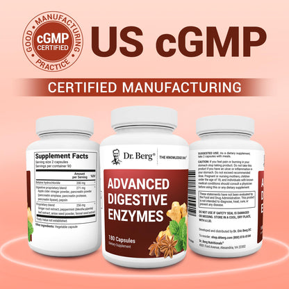 Dr. Berg Advanced Digestive Enzymes with Apple Cider Vinegar - Includes Digestive Health Ingredients Like Betaine Hydrochloride (HCI), Ginger Root & Peppermint Leaf - 180 Capsules