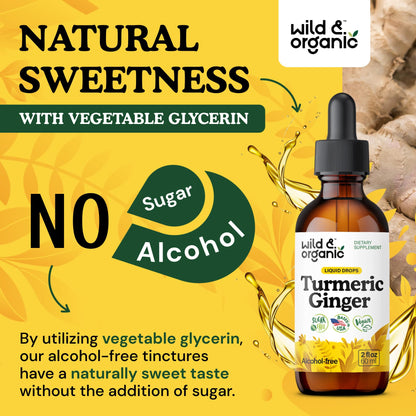 Wild & Organic Turmeric and Ginger Supplement - Movement & Immune Support - Liquid Turmeric Curcumin with Black Pepper and Ginger - Add to Tea Drops - Vegan, Sugar & Alcohol-Free Tincture - 4 oz