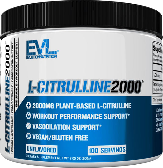 L-Citrulline2000 Nitric Oxide Pre Workout Powder - Evlution Nutrition High Strength L Citrulline Powder for Enhanced Muscle Strength and Intense Pumps - Plant Based Nitric Oxide Booster - Unflavored
