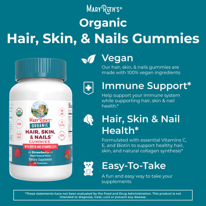 MaryRuth Organics Hair Skin and Nail | USDA Organic | Biotin Gummy with Vitamin C and E