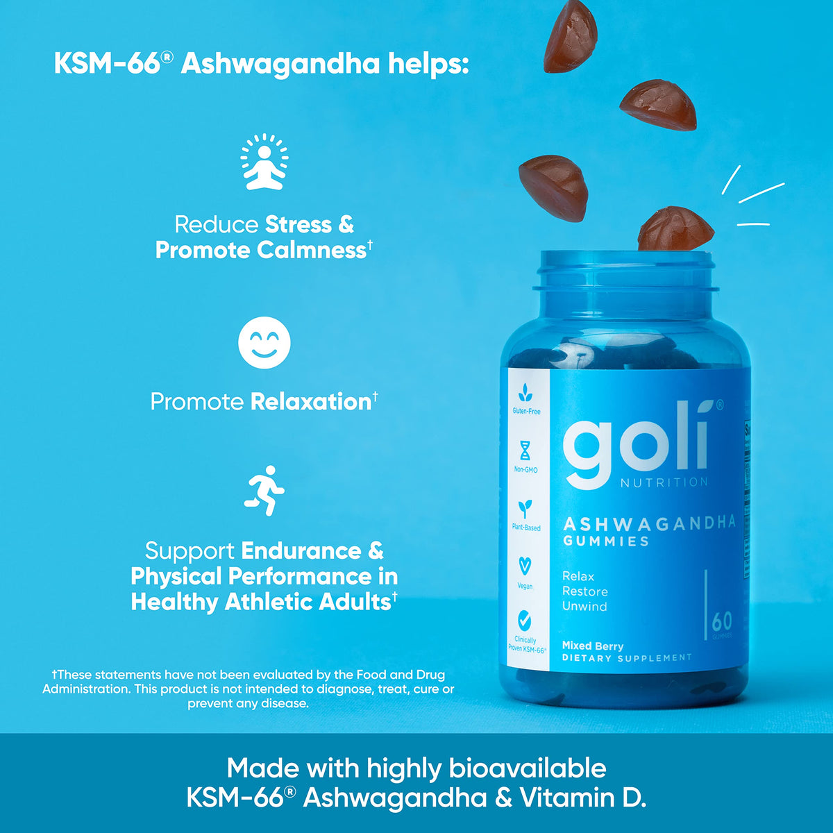 Goli Ashwagandha & Vitamin D Gummy - 180 Count - Mixed Berry, KSM-66, Vegan
