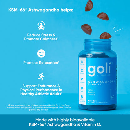 Goli Ashwagandha & Vitamin D Gummy - 300 Count - Mixed Berry, KSM-66, Vegan,