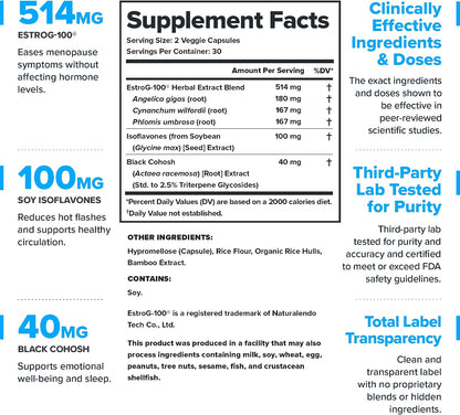 LEGION Revitalize Menopause Support Supplement - Hormone-Free Formula with Plant-Based Botanical Extracts for Women - EstroG-100, Soy Isoflavones, & Black Cohosh - 30 Servings