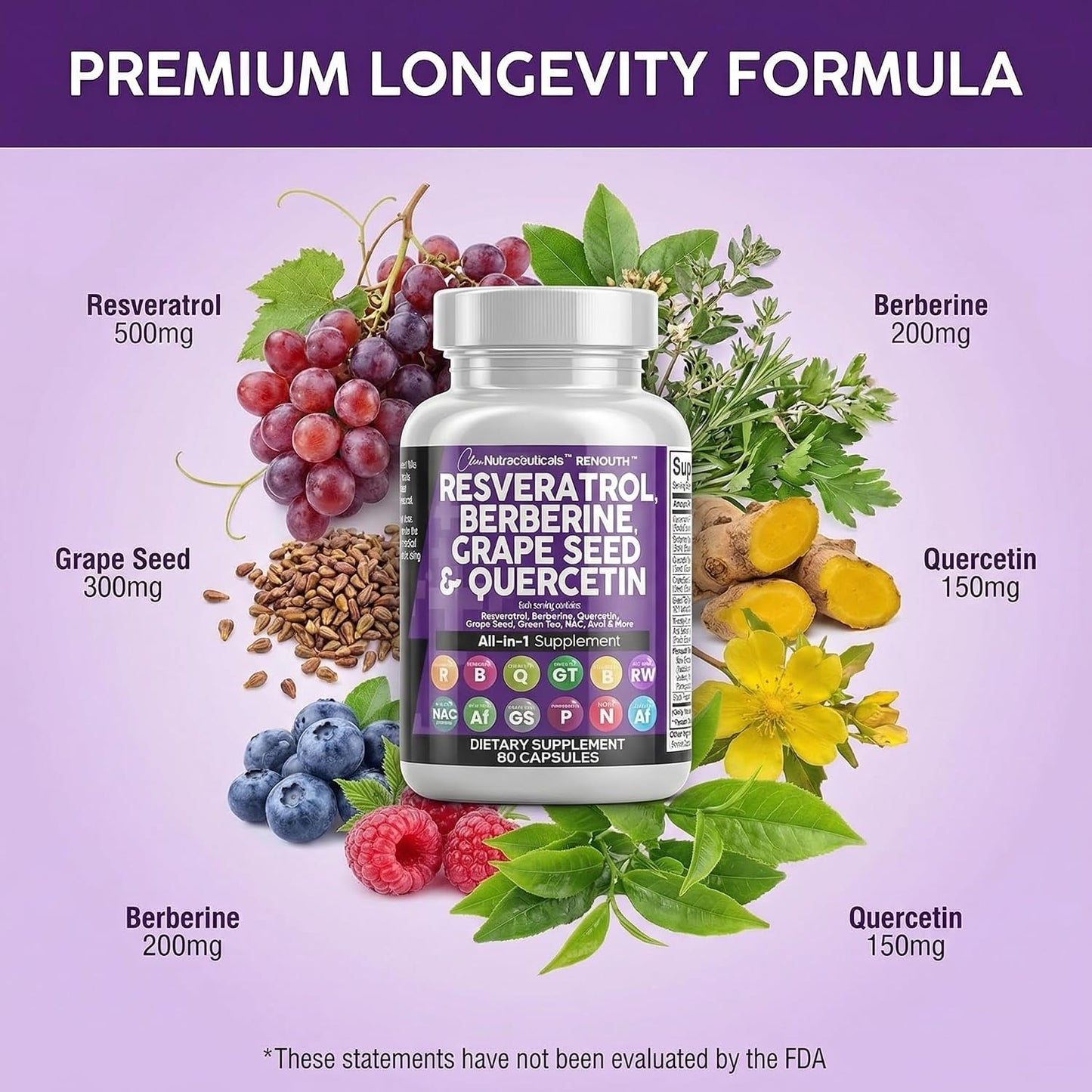 Clean Resveratrol Supplement | Berberine Grape Seed Extract Quercetin Green Tea Extract Acai Noni Polyphenol Supplement for Women & Men N-Acetyl Cysteine