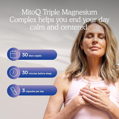 MitoQ Triple Magnesium Complex - Magnesium Glycinate, Taurinate, and Oxide with GABA for Heart Health, Stress Management, and Deeper Sleep - High Absorption Relaxation Supplement (90 Capsules)
