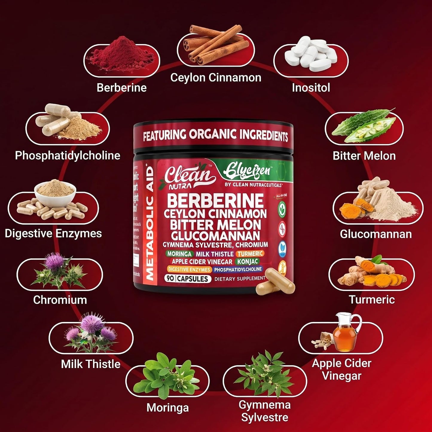 Clean Nutra Berberine and Ceylon Cinnamon Supplement Bitter Melon Glucomannan Gymnema Sylvestre Chromium Moringa Milk Thistle Turmeric Apple Cider Vinegar Digestive Enzymes Inositol Pills 90 Capsules