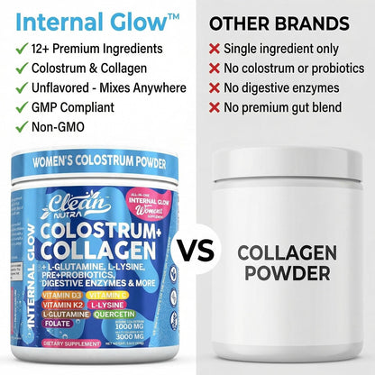 Bovine Colostrum Powder + Collagen Peptides with L-Glutamine L-Lysine Prebiotics Probiotics Digestive Enzymes Vitamin D K2 C Quercetin & Folate | Gut Health Supplement Internal Glow By Clean Nutra