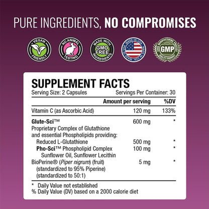 Approved Science® Glutathione - Glutathione 500 mg - Phospholipid Complex, Vitamin C, Bioperine - Top Antioxidant to Help Neutralize Free Radical - Vegan Friendly - 60 Capsules - 1 Bottle