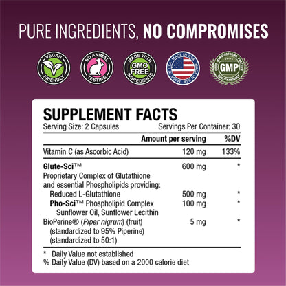 Approved Science® Glutathione - Glutathione 500 mg - Phospholipid Complex, Vitamin C, Bioperine - Top Antioxidant to Help Neutralize Free Radical - Vegan Friendly - 60 Capsules - 1 Bottle