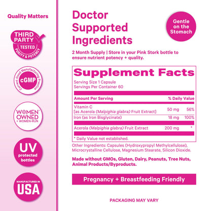 Pink Stork Iron for Women with Vitamin C, 60 Capsules, 2-Month Supply | 18 mg Chelated Iron Bisglycinate + Vitamin C, Supports Energy, Focus + Oxygen, Pregnancy, Postpartum, PMS + Perimenopause