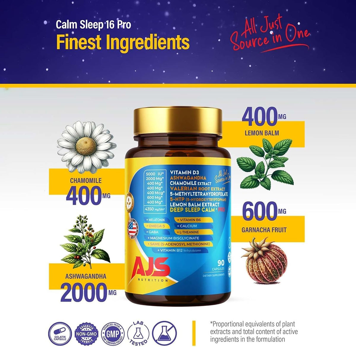 AJS Calm Mood Support, Sleep Aid, Stress Relief Capsules