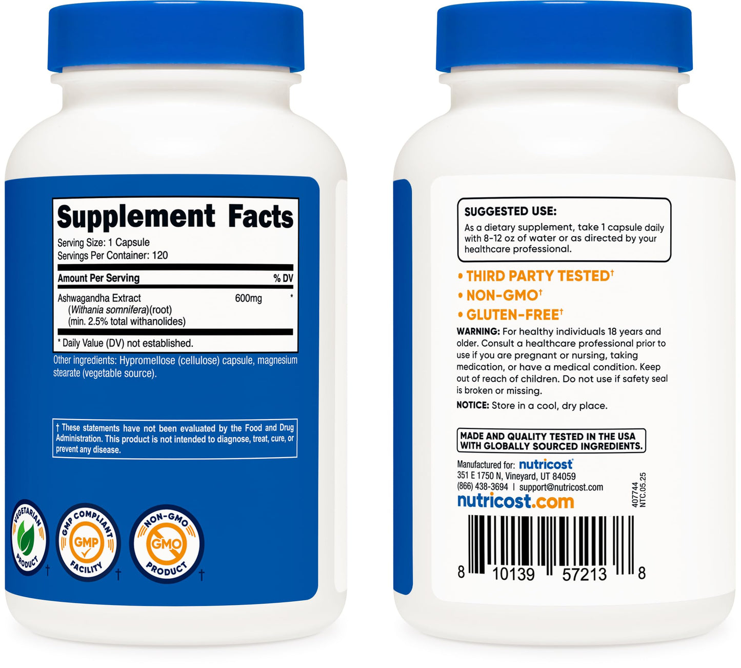 Nutricost Ashwagandha Herbal Supplement 600mg, 120 Capsules | Vegetarian, Non-GMO, Gluten Free, Ashwagandha Root