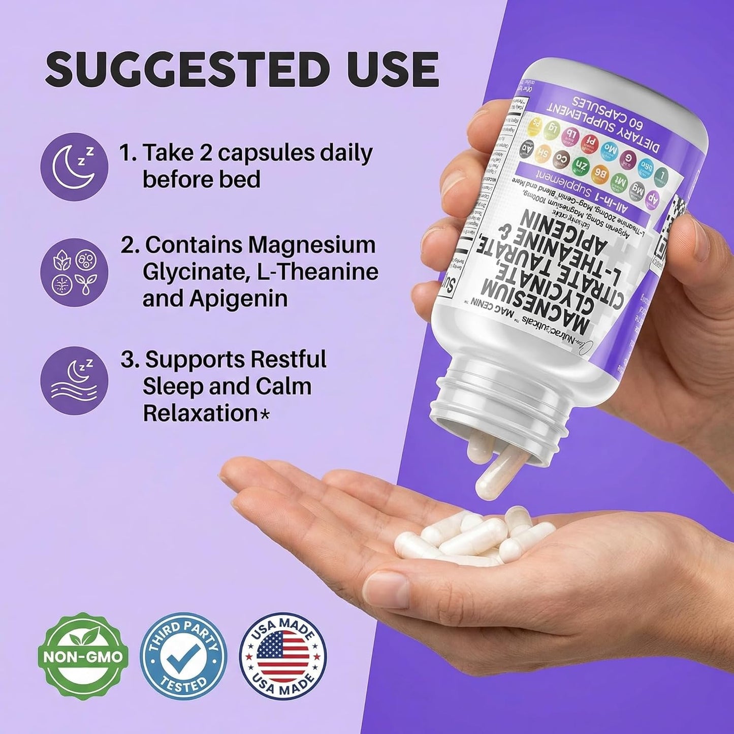 Clean Nutraceuticals Magnesium Glycinate Complex 1000mg with L-Theanine 200mg Apigenin 50mg Citrate Taurate Supplement - 5-HTP GABA Passion Flower Lemon Balm L-Glycine Phosphatidylserine - 60 Count