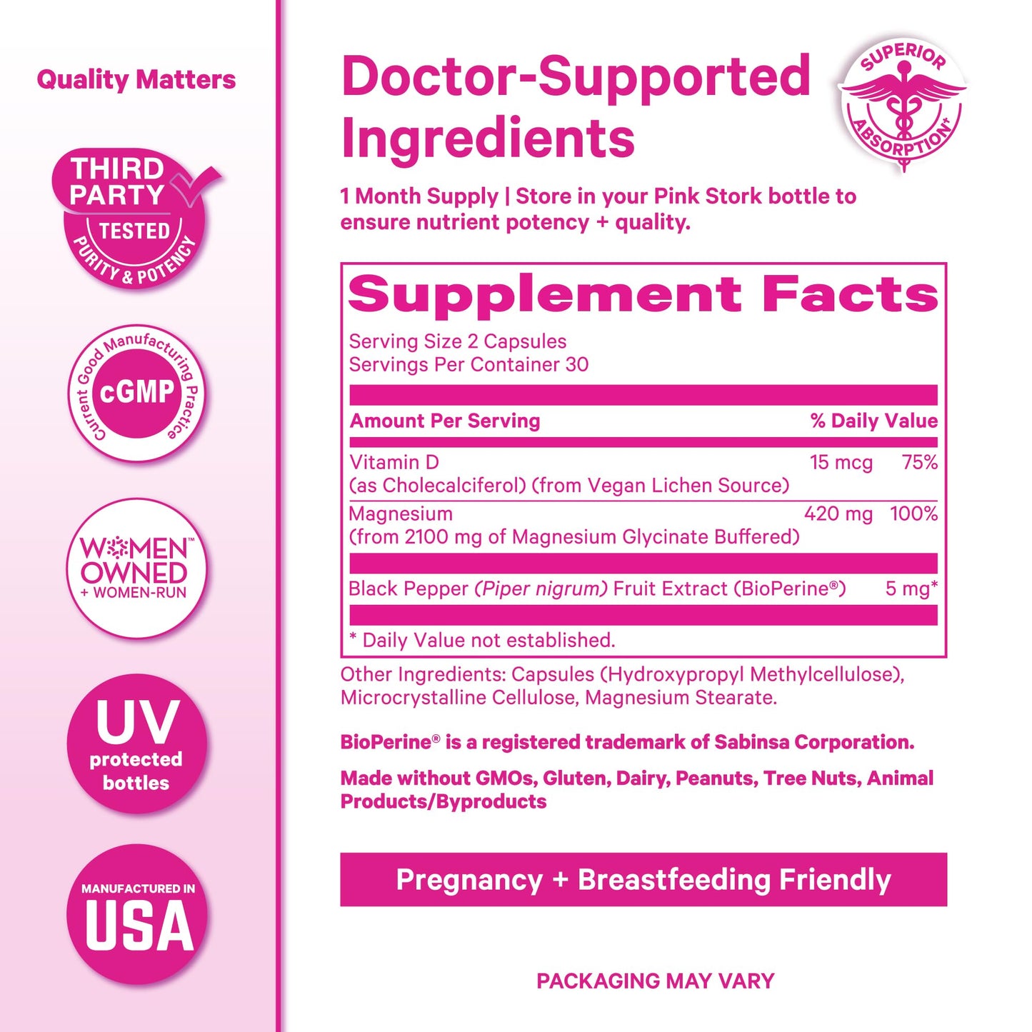 Pink Stork Magnesium Glycinate with Vitamin D, 60 Capsules | Magnesium Supplement for Women, Supports Natural Calm, Mood, and Sleep, Hormone Balance for Women, 1 month supply