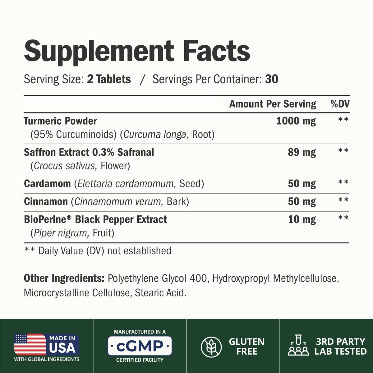 Saffron Supplements w/Saffron Extract 89mg + 1000mg Turmeric Curcumin 60Ct
