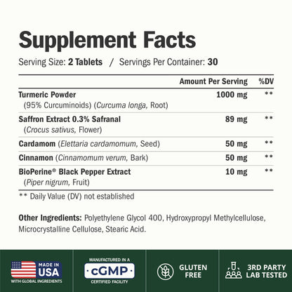 Saffron Supplements w/Saffron Extract 89mg + 1000mg Turmeric Curcumin 60Ct