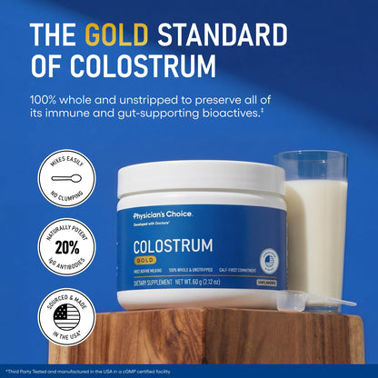 Physician's CHOICE Colostrum Gold Powder - First-Day Milking for Gut & Immune Support - Potent IgG Antibodies & Bioactive Nutrients - Whole & Unstripped - Easy to Mix - Made in the USA - 60 Servings
