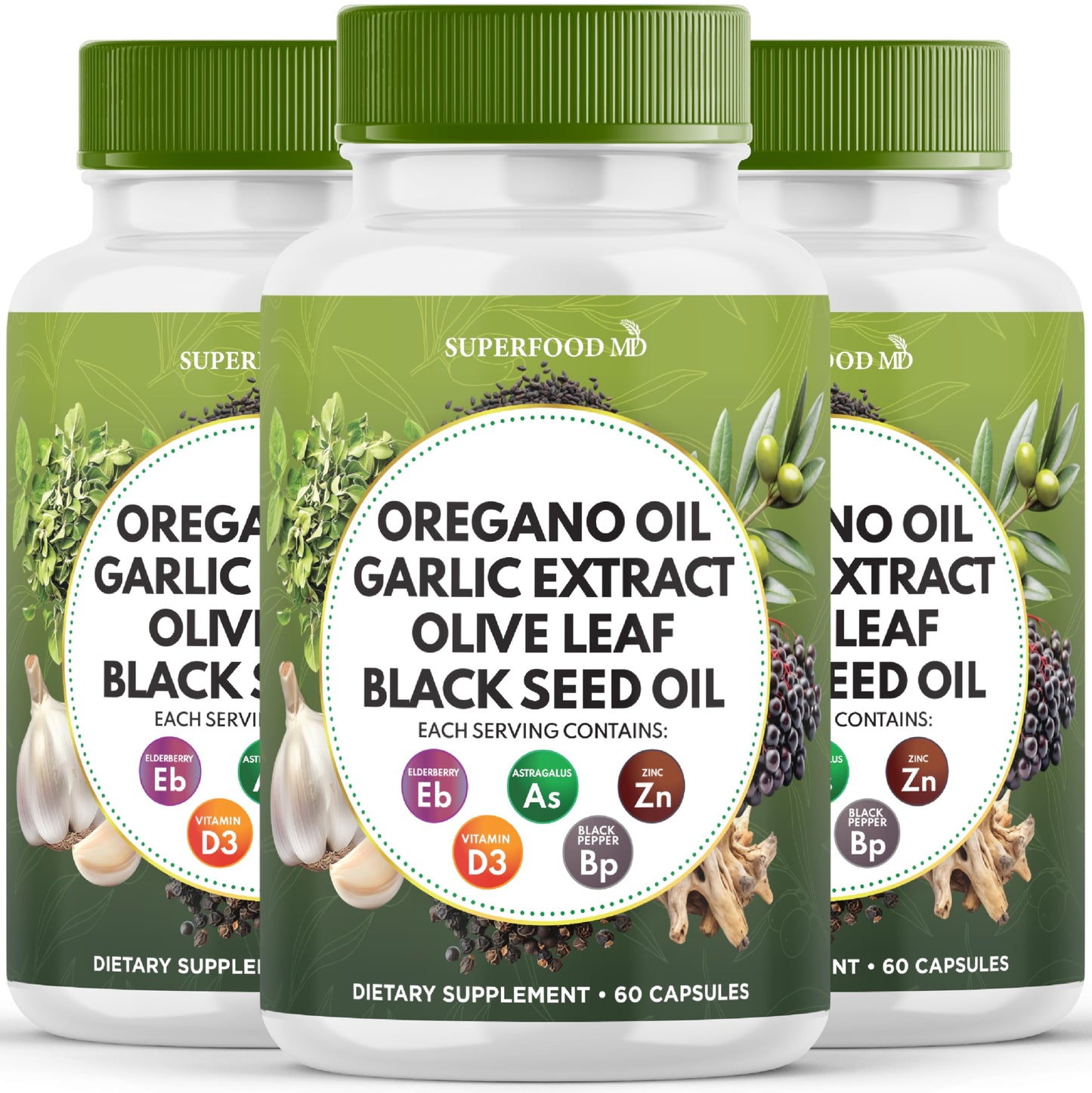 Superfood MD Oregano Oil Garlic Extract Olive Leaf Black Seed Oil Astragalus- for Women and Men- 60 Count