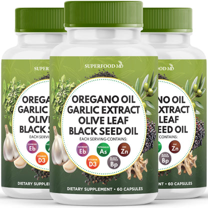 Superfood MD Oregano Oil Garlic Extract Olive Leaf Black Seed Oil Astragalus- for Women and Men- 60 Count